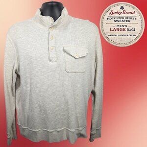 Lucky Brand Mock Neck Henley Sweater L Oatmeal Pocket Pullover